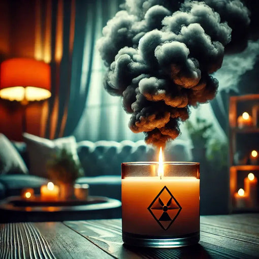 A burning scented candle emitting dark smoke, symbolizing toxic chemicals in indoor air.