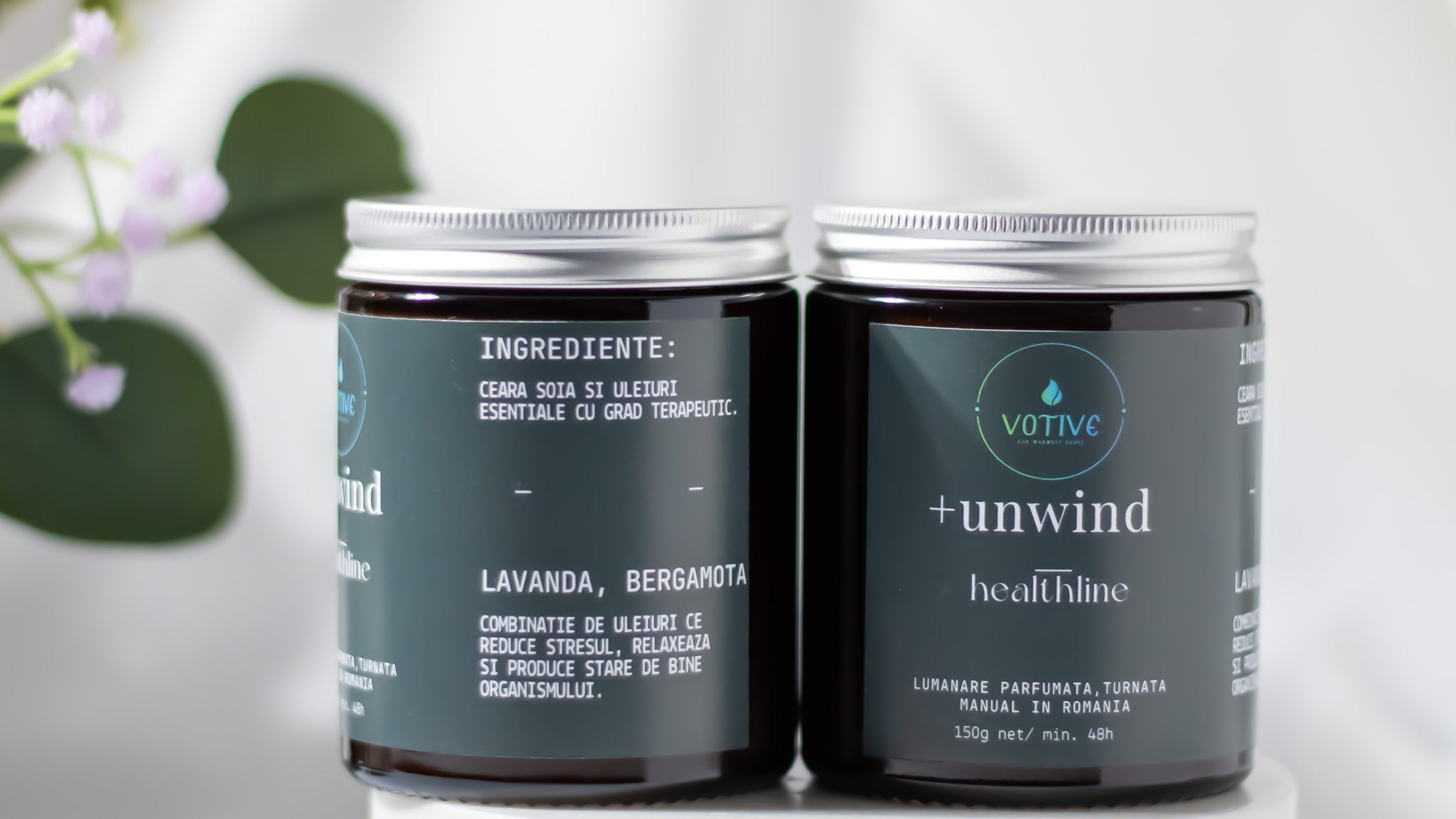 Lumânare de aromaterapie Unwind cu bergamotă și lavandă în ambalaj eco-friendly